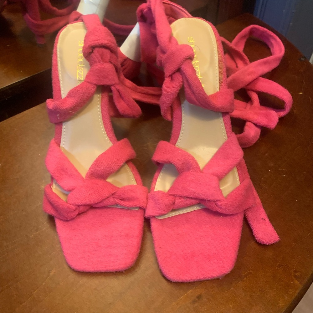 Shoe Dazzle Pink Strappy Heels with Ankle Ties